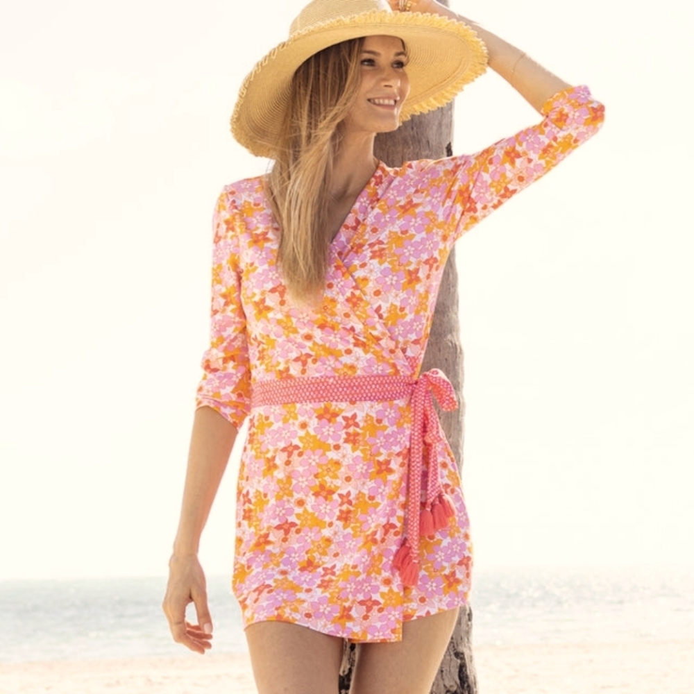 Cabana Life-Floral 3/4 Sleeve- V-Neck-Tassel/ Wrap Romper- UPF 50+Protection